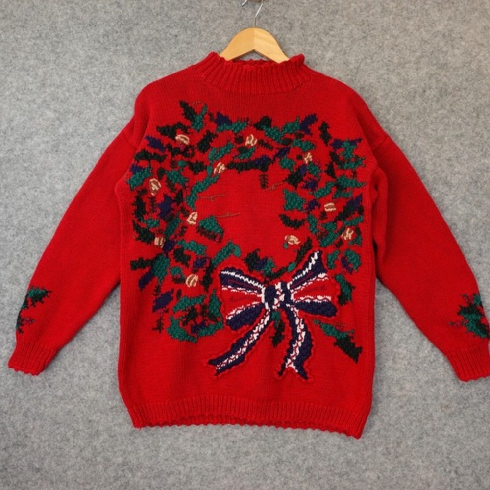 Vintage CAPE ISLE KNITTERS Christmas Sweater Womens M‎ Red Holiday Chunky Kitsch